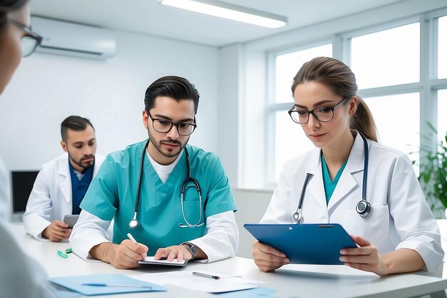 Tablet medicine or collaboration with a doctor and nurse talking in the hospital while doing research healthcare teamwork and trust with professional medical colleagues working in a clinic