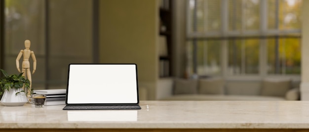 Tablet mockup and copy space on tabletop against the blurred background of modern living room