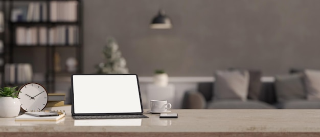 Tablet mockup and copy space on tabletop over blurred modern urban loft living room