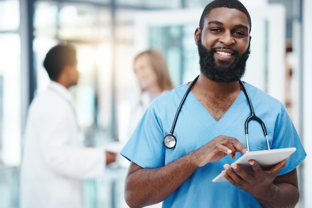 Tablet nurse and portrait of a black man with hospital software app for medical research email report and digital data management Healthcare doctor or expert for Telehealth or clinic innovation