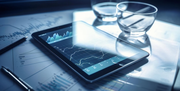 A tablet and pen beside a business graph and charts