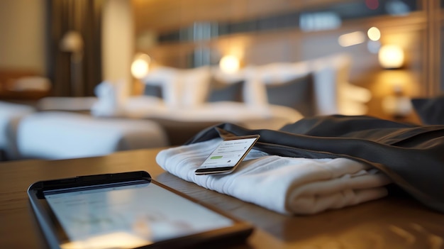 Photo a tablet and phone lie on a table in a hotel room with a neatly folded robe nearby