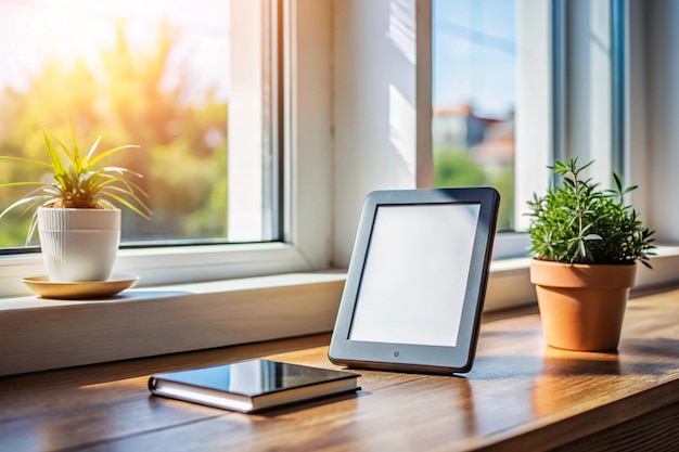 a tablet and a plant on a windowsill with a plant in the background