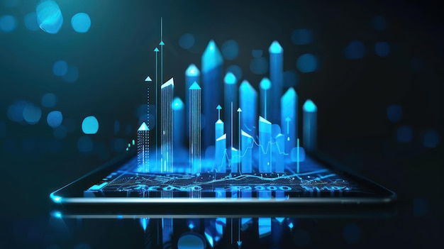 Tablet screen showing a 3D virtual growth arrow financial graph projection