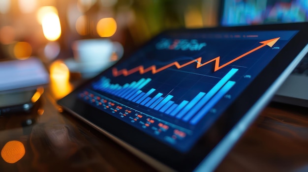 Tablet screen showing a 3D virtual growth arrow financial graph projection