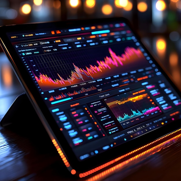 Tablet Screen with Colorful Financial Data Chart and Statistics 3D Illustration