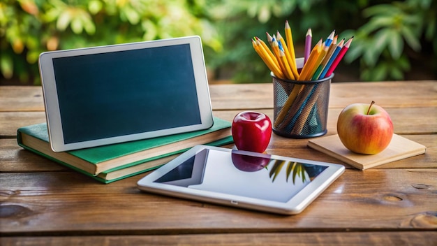 a tablet and a tablet on a wooden table with pencils and a pencil