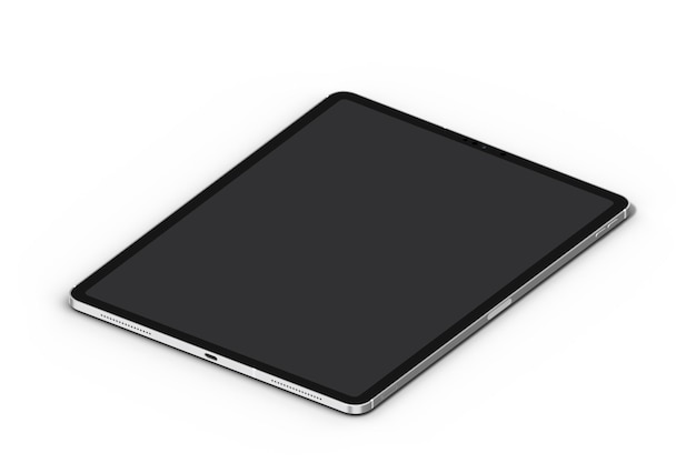 A tablet with a black screen is on a white background.