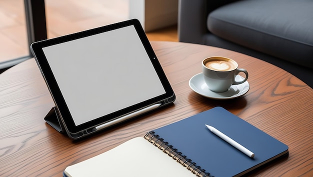 Tablet with blank screen and a cup of coffee on wooden table