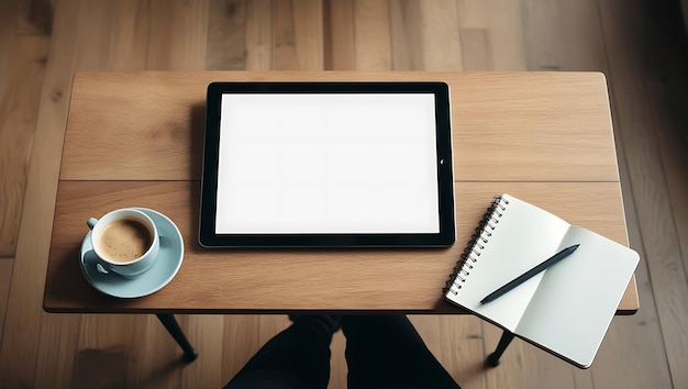 Tablet with blank screen and a cup of coffee on wooden table