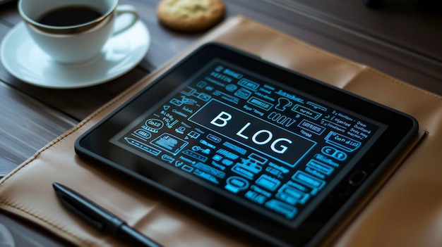 Photo a tablet with a blogging interface is displayed next to a coffee mug and stylus on a wooden table