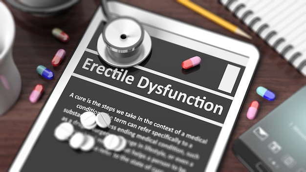 Tablet with Erectile Dysfunction on screen stethoscope pills and objects on wooden desktop