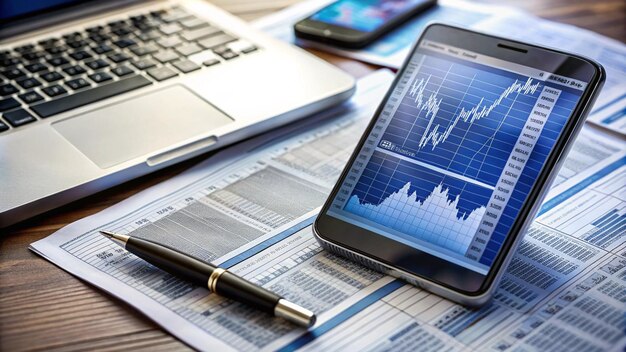 a tablet with a graph on it and a cell phone on the table