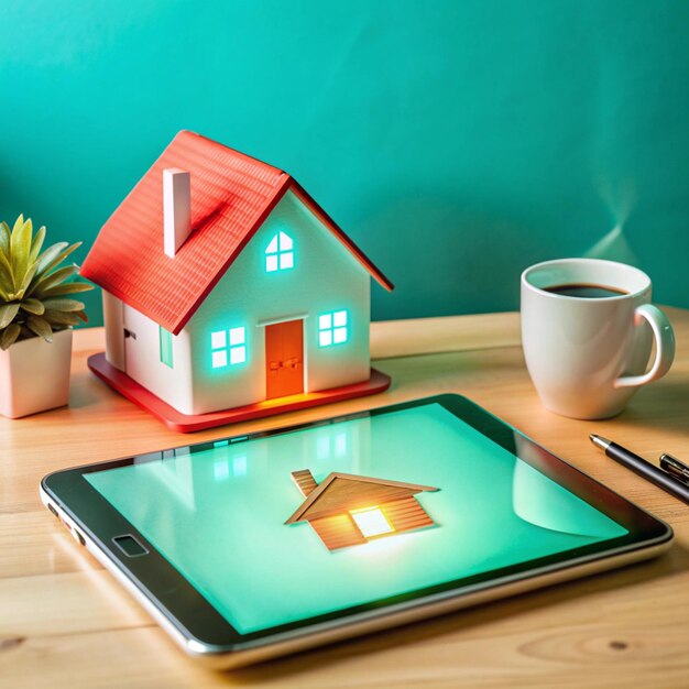 a tablet with a house on it and a cup of coffee on the table