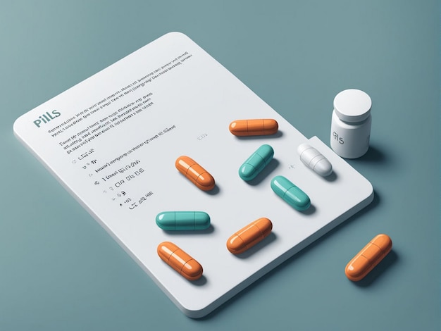 Photo a tablet with many pills on it including a tablet with a picture of a pill bottle