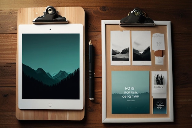 Photo a tablet with a picture of mountains and a pen on it