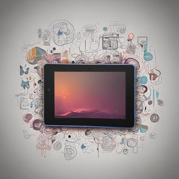 Photo a tablet with a picture of a sunset and a picture of a mountain