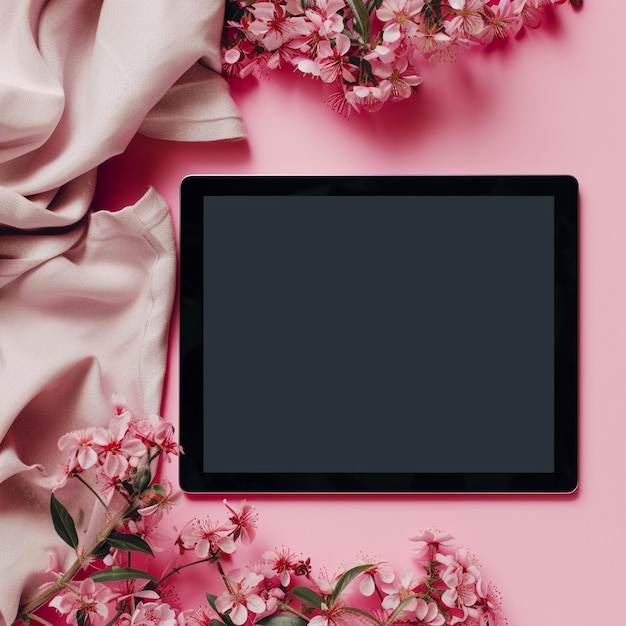 a tablet with a pink background with flowers on it