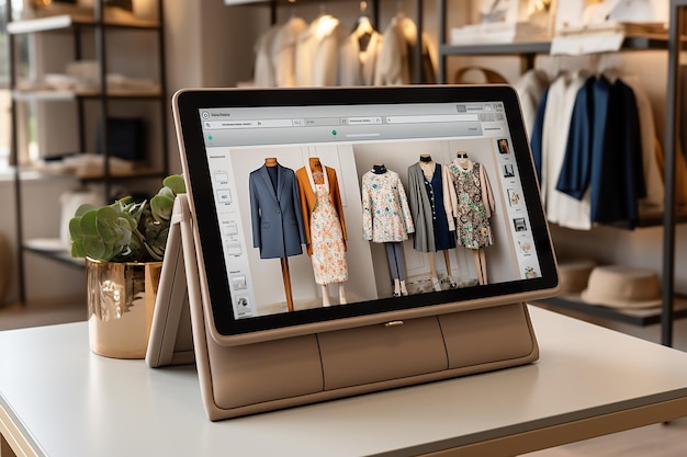 Photo tablet with screen showing fashion clothes on table in store