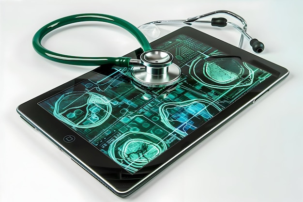 Photo tablet with stethoscope and green