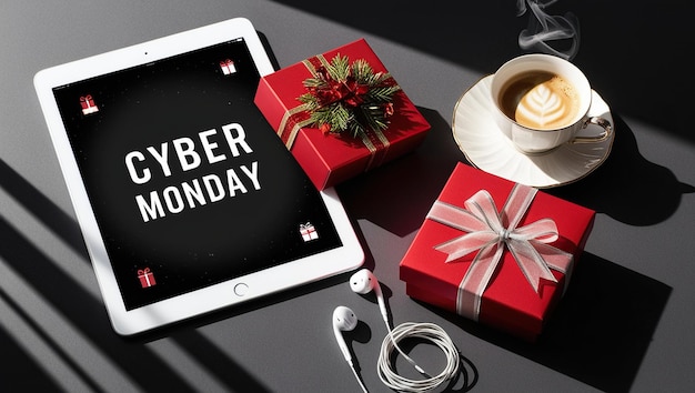 A tablet with the words quotCyber Mondayquot on the screen next to two wrapped presents a cup of coffee and headphones