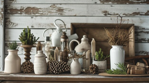 Photo tabletop display of rustic decorative items for the home farmhouse interior generative ai