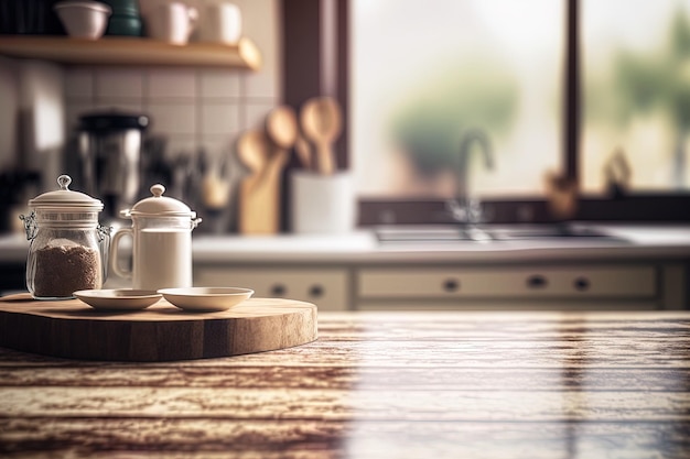 Tabletop made of wood against a hazy kitchen backdrop