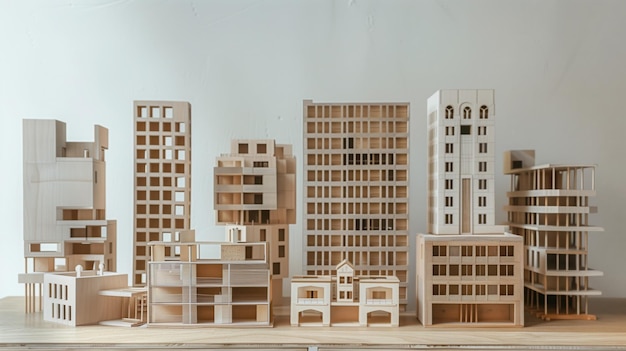 A tabletop model of various modern buildings each crafted from wood