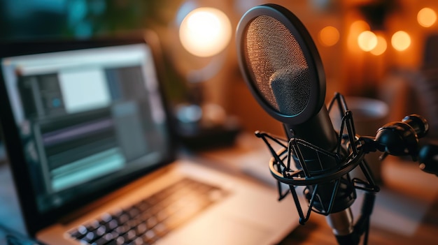 Tabletop Podcasting Station at Home with Microphone Laptop and Lamp