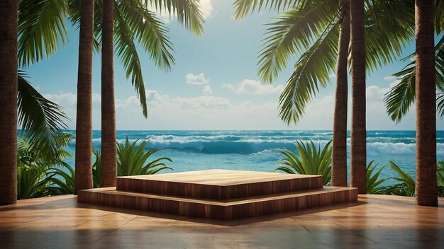 Photo tabletop podium stage stand on tropical palm tree background