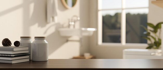 Tabletop with books decor and copy space over blurred bright bathroom in background