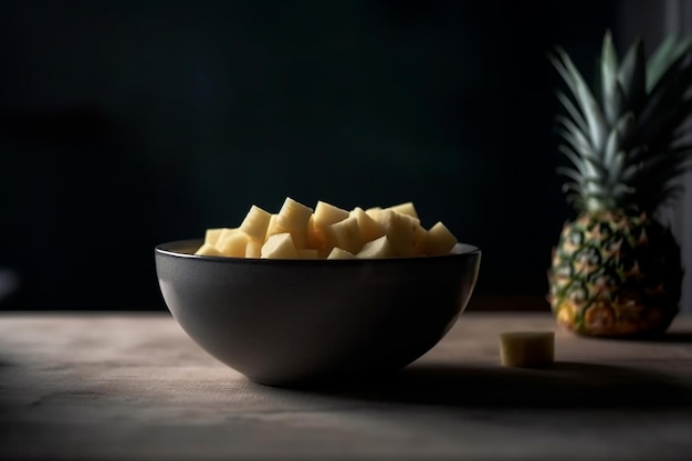 Tabletop with a Bowl of Pineapple Chunks Generative AI