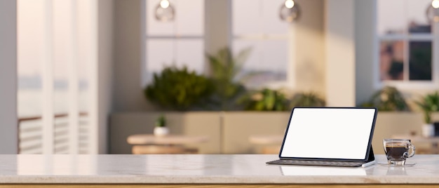 Tabletop with tablet mockup and copy space over blurred modern coffee shop in background