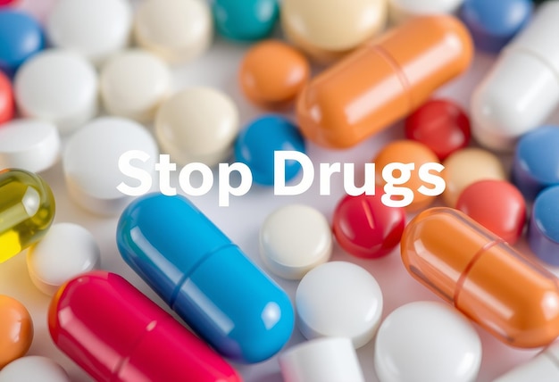 Photo tablets and pills of different colors with stop drugs text