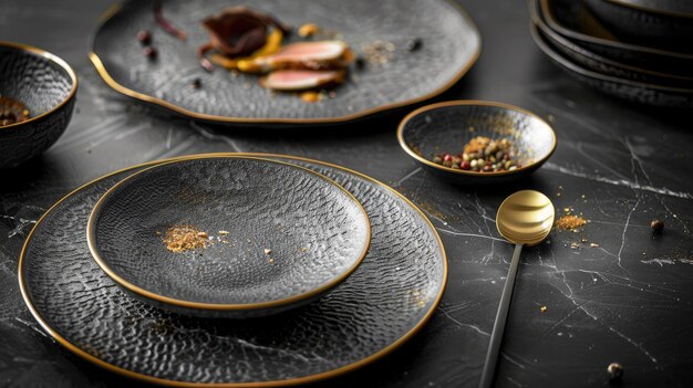 Photo tableware set with dark grey plates and golden trim on the edges sleek and modern feel