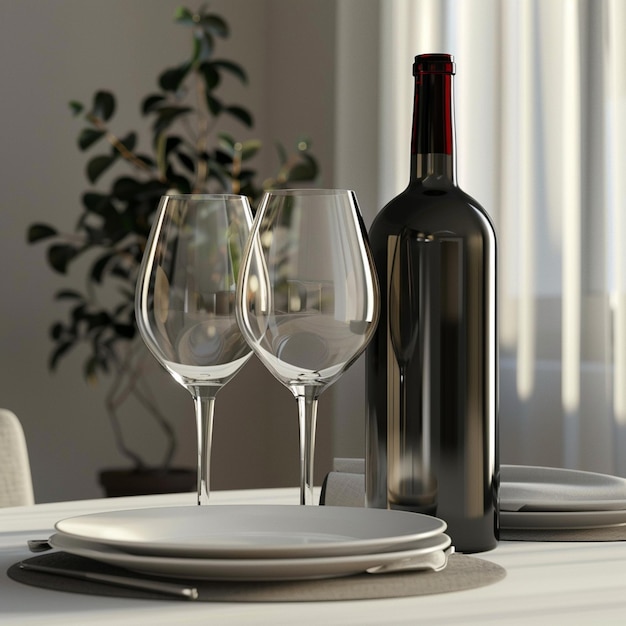 Tableware set with two wine glasses and a bottle of wine