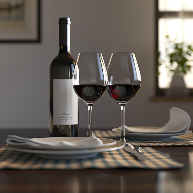 Tableware set with two wine glasses and a bottle of wine