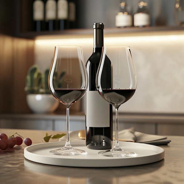 Tableware set with two wine glasses and a bottle of wine