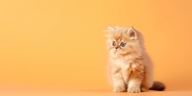 Taby cute kittens sitting on the floor isolated on yellow background with copy space Generative AI