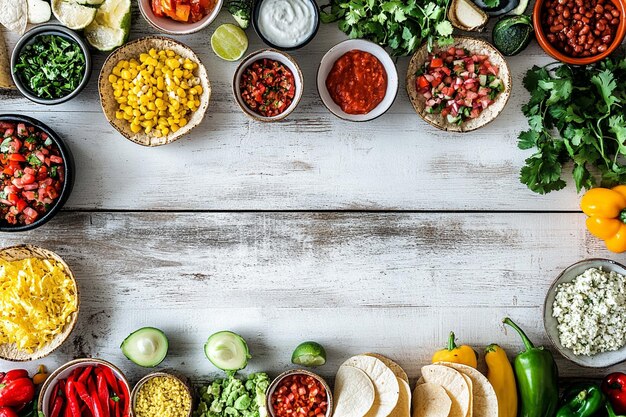 Photo taco bar with various ingredients display