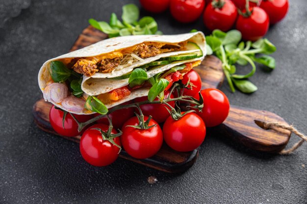 taco snack meat, vegetable, lettuce pork, lamb, turkey meal food on the table copy space food