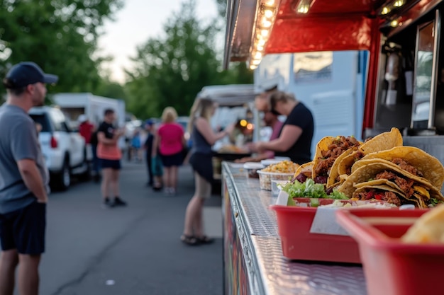 Photo taco truck gathering a popular taco truck surrounded by people enjoying street food