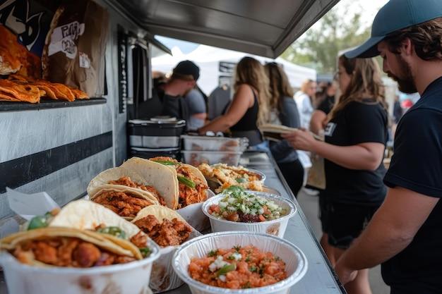 Photo taco truck gathering a popular taco truck surrounded by people enjoying street food