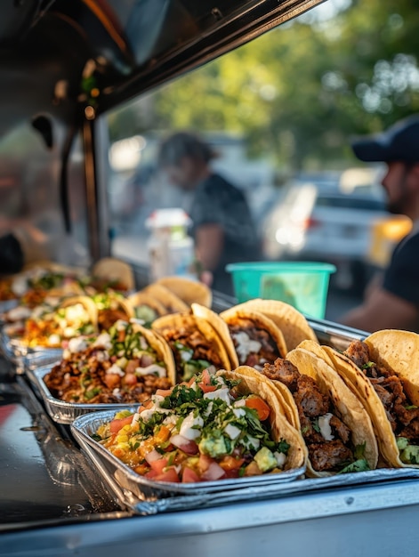 Photo taco truck serving delicious tacos to eager customers