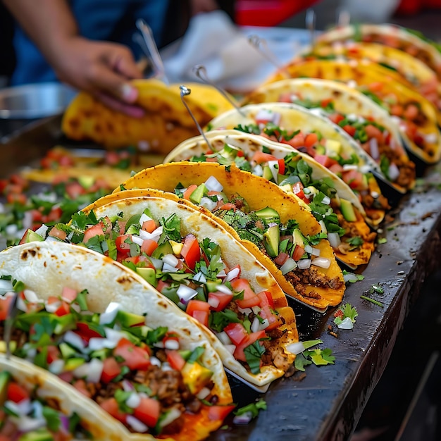 Taco vendor displaying a beautiful array of vibrant and mouthwatering Mexican street tacos