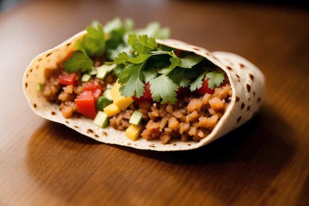 A taco with beans and cilantro on it