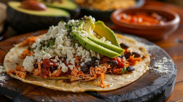 a taco with beans and rice on it sits on a table