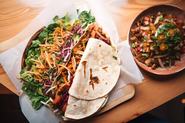 A taco with a bowl of food next to it