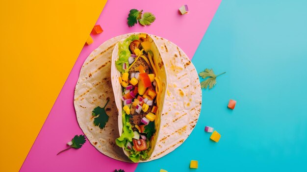 a taco with corn and carrots on a colorful table