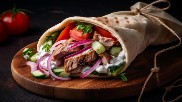 a taco with meat onions and tomatoes on a wooden board